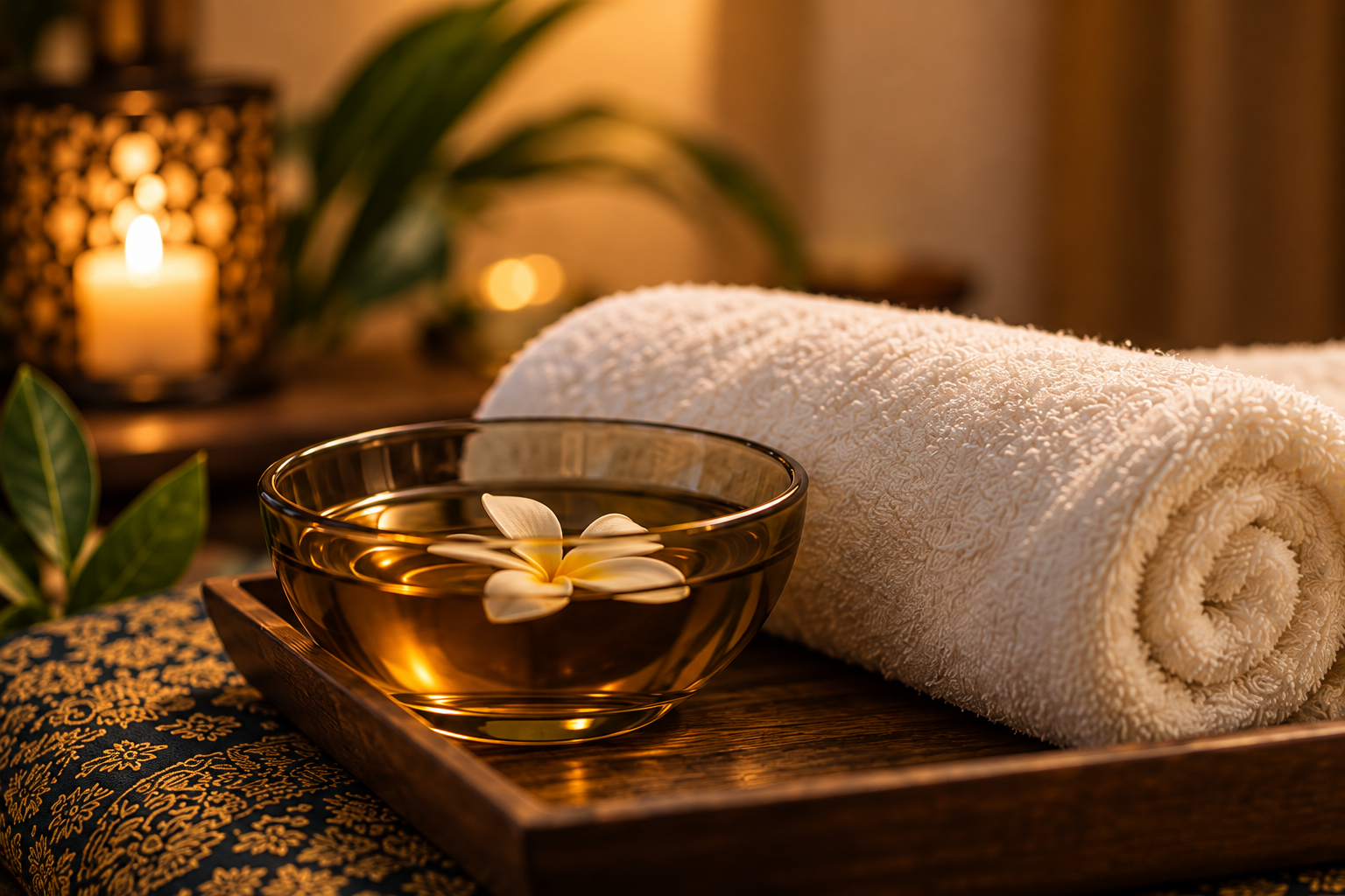 A quiet spa still life with warm candlelight, massage oil and soft towels